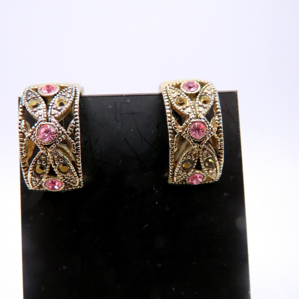 Vintage Gold Tone Magnetic Hoop Earrings Pink Rhinestone Marcasite Filigree